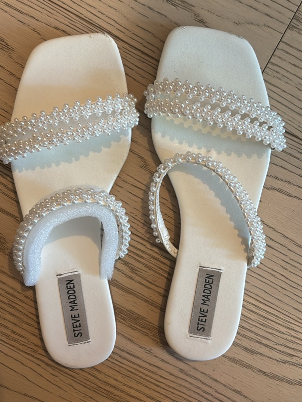 Steve Madden White Pearl-Strap Slide Sandals